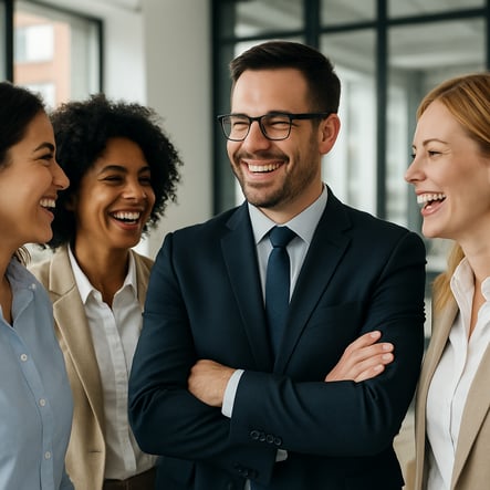 Business owner standing around with employees that are all happy conversating Business owner standing around with employees that are all happy conversating