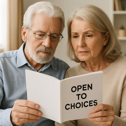 Older couple looking at a page that says Open To Choices Older couple looking at a page that says Open To Choices
