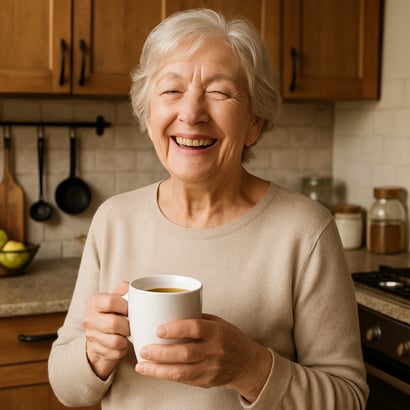 Older women 70 years old standing in her kitchen with a cup of coffee and a look of happiness with eyes open-1