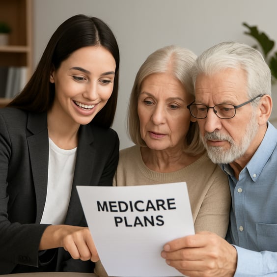 photographic Women advisor from advisor webpage helping older couple look over medicare plans-1 photographic Women advisor from advisor webpage helping older couple look over medicare plans-1
